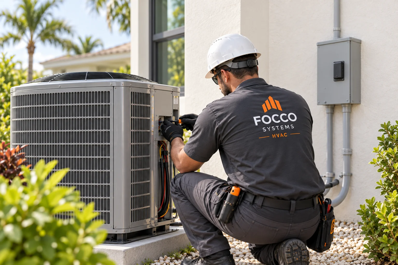 Illustrative technician in a FOCCO SYSTEMS HVAC uniform servicing an outdoor condenser